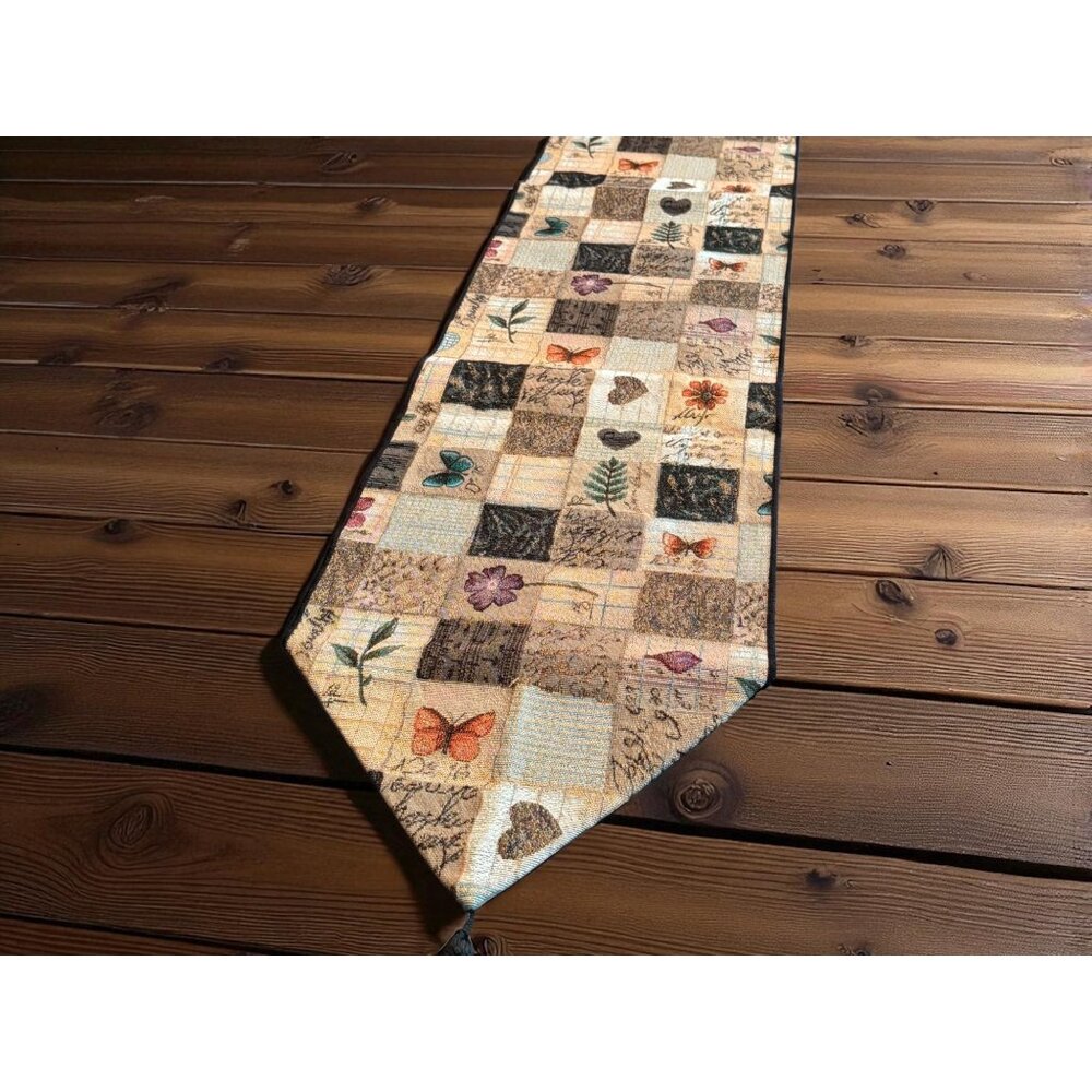 Vintage Tapestry Table Runner Ferns , Butterfly, Hearts 35x13 Tassels